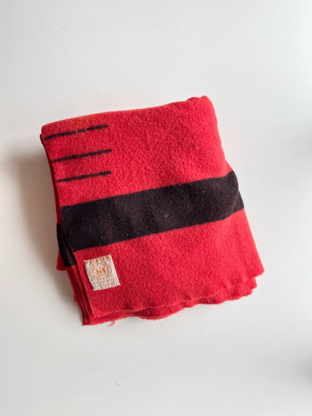 *Damaged* Vintage HUDSON'S BAY Scarlet Red 100% Wool 67"x 60" 3.5 Point Blanket